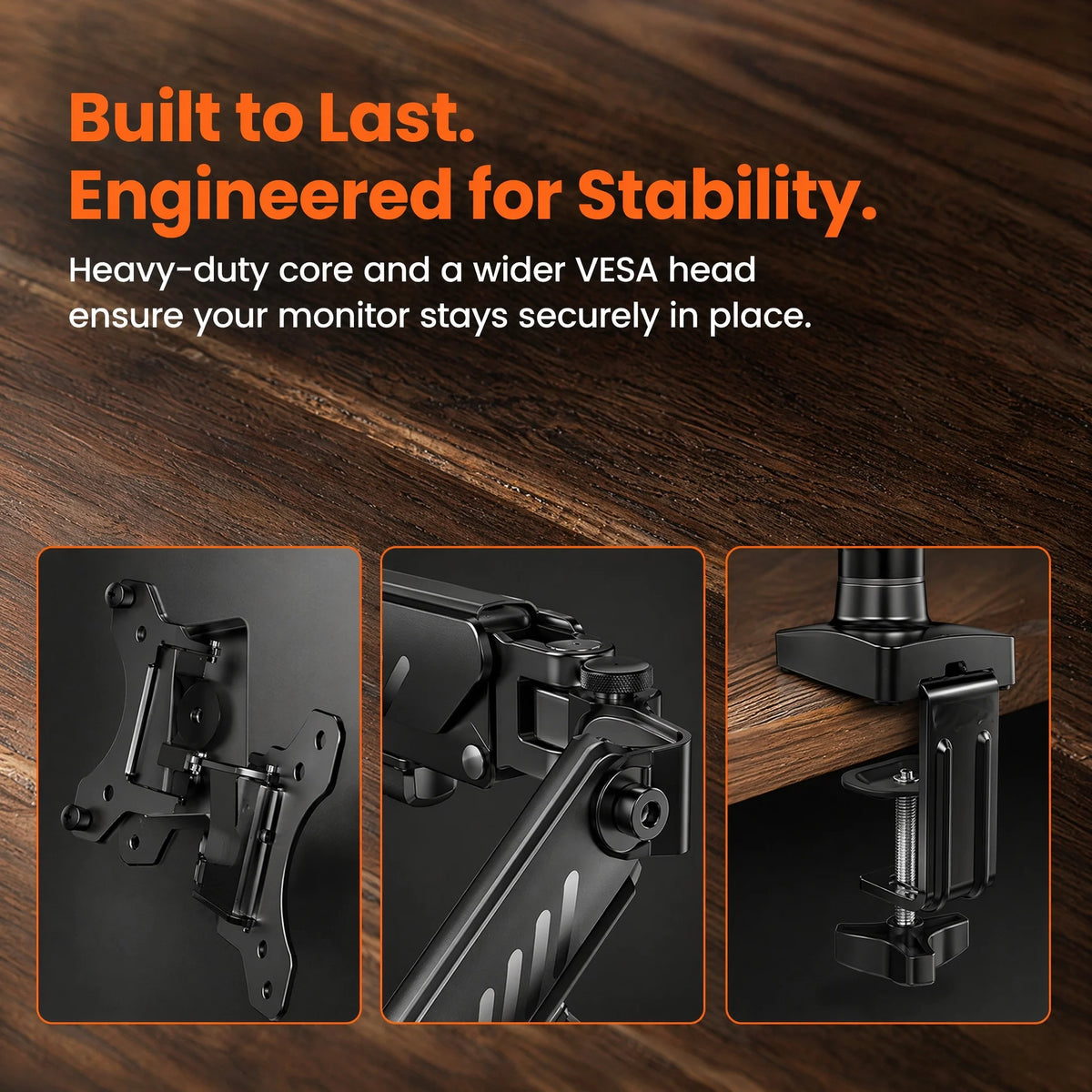 Close-up view of a black monitor desk mount featuring a heavy-duty core and wider VESA head.