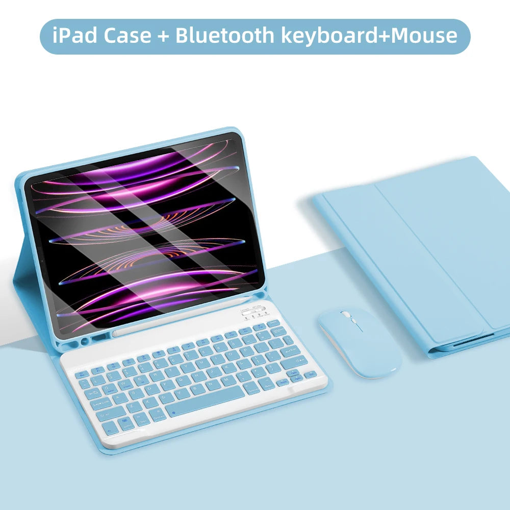 A light blue iPad case is shown open, with a Bluetooth keyboard and mouse accessory placed next to it.