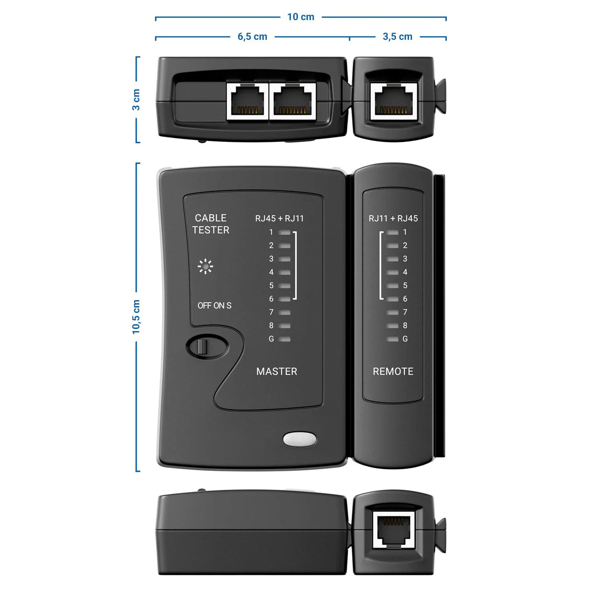 Probador de cables de red profesional con unidad principal y control remoto, con varios puntos y conectores de prueba.