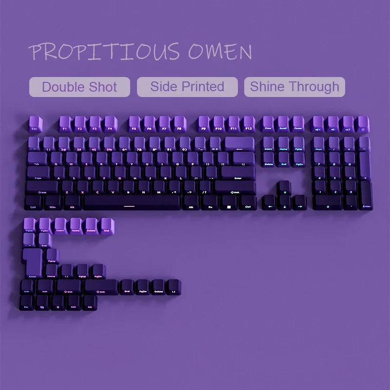 A close-up photo of a purple mechanical keyboard featuring double-shot PBT keycaps with side printing.