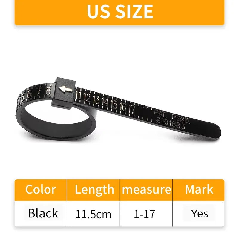 Black reusable ring sizer measuring tool with a scale marked 1-17 and a patent number