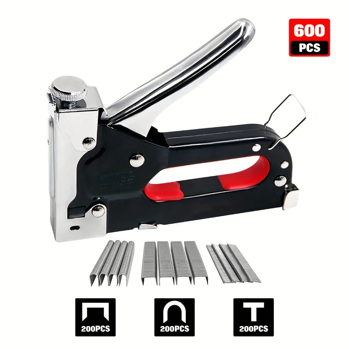 A heavy duty manual multi-use staple gun with assorted staples and a box showing 600 pieces.
