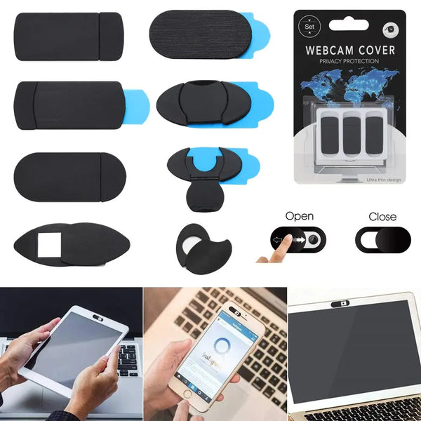 A set of black universal privacy webcam covers, including various sizes and an instruction guide.