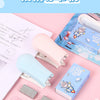 A collection of pink and blue cartoon mini staplers for students and office use displayed on a light pink background.