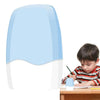A white and light blue roller stamp is shown on a wooden desk next to a child writing.