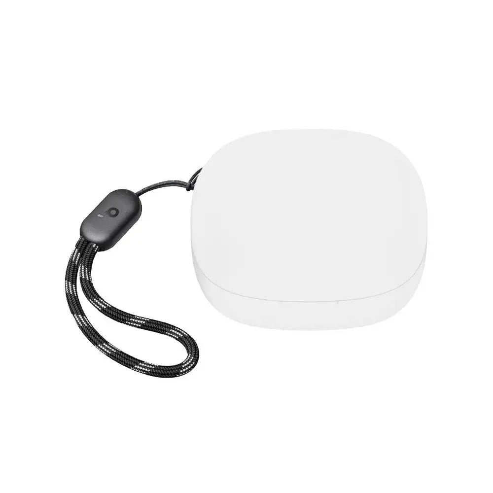 A white silicone protective case for Soundcore P20i earbuds with a black lanyard.