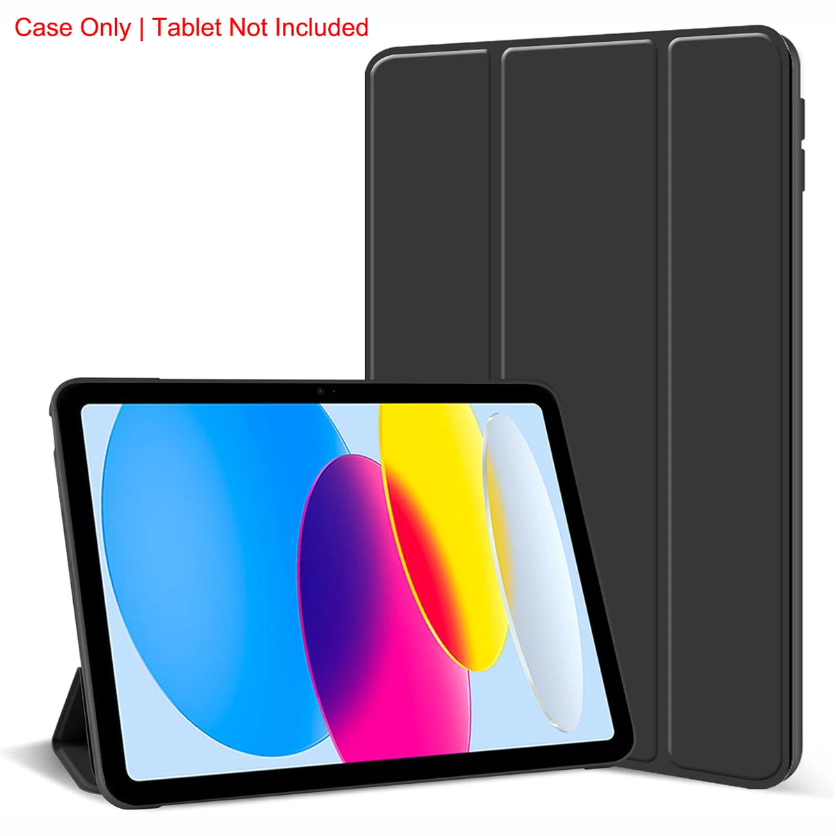 A black magnetic tri-fold stand cover for an iPad is shown next to the tablet.