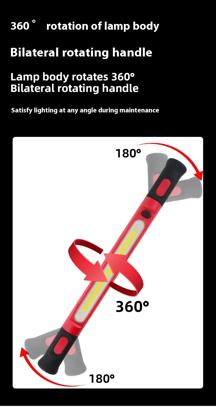 A magnetic rechargeable LED work light demonstrates 360° rotation of the lamp body and a bilateral rotating handle for lighti
