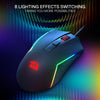 A dark gray gaming mouse with RGB lighting effects is shown against a dark background.