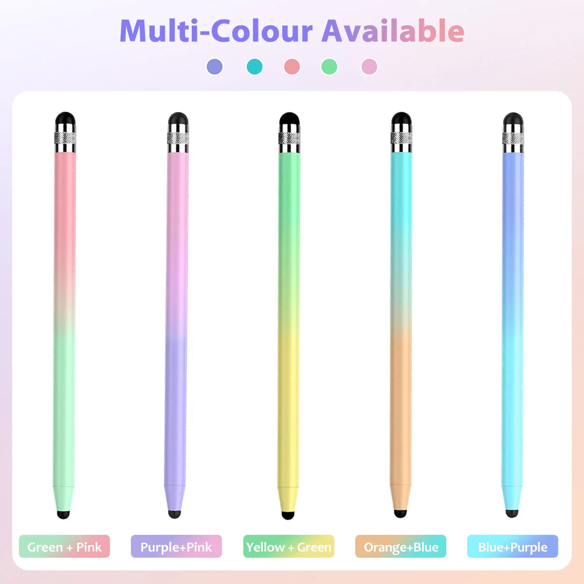 A display of multi-colour capacitive stylus pens in various combinations like Green Pink, Purple Pink, Yellow Green, Orange B