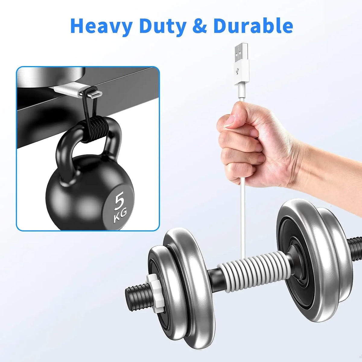 A hand holds a silver dumbbell with a USB-A to Lightning fast charging cable attached.