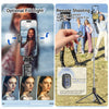 An extendable selfie stick tripod with a built-in light and Bluetooth remote control being used for photography.