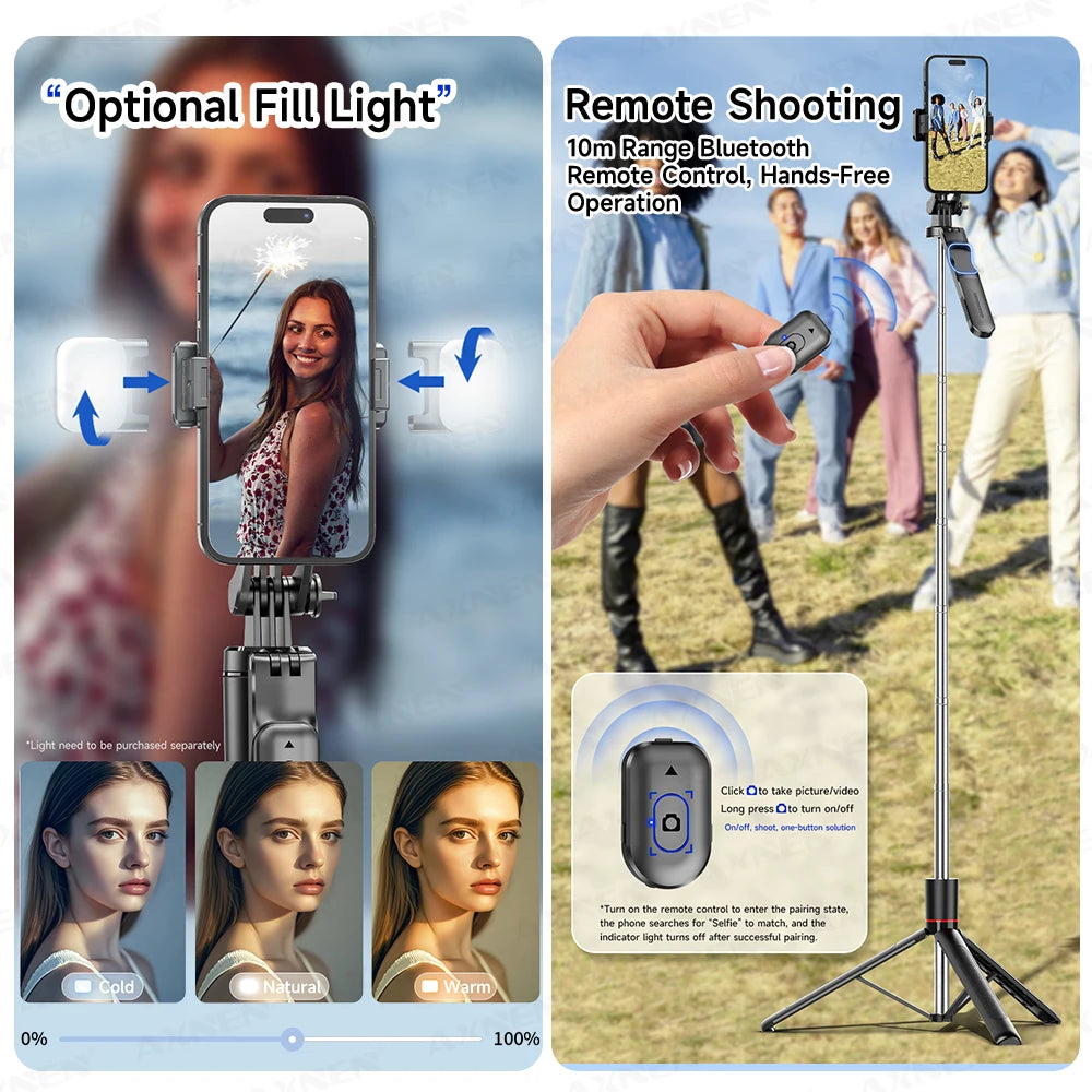 An extendable selfie stick tripod with a built-in light and Bluetooth remote control being used for photography.