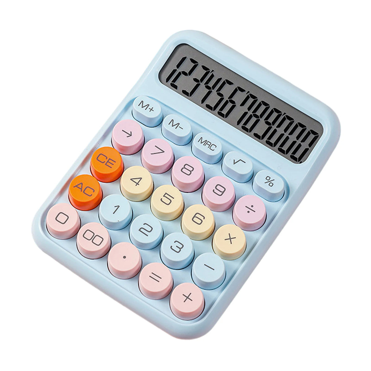 A light blue mechanical 12-digit calculator with round keys displaying the number 123456789000.