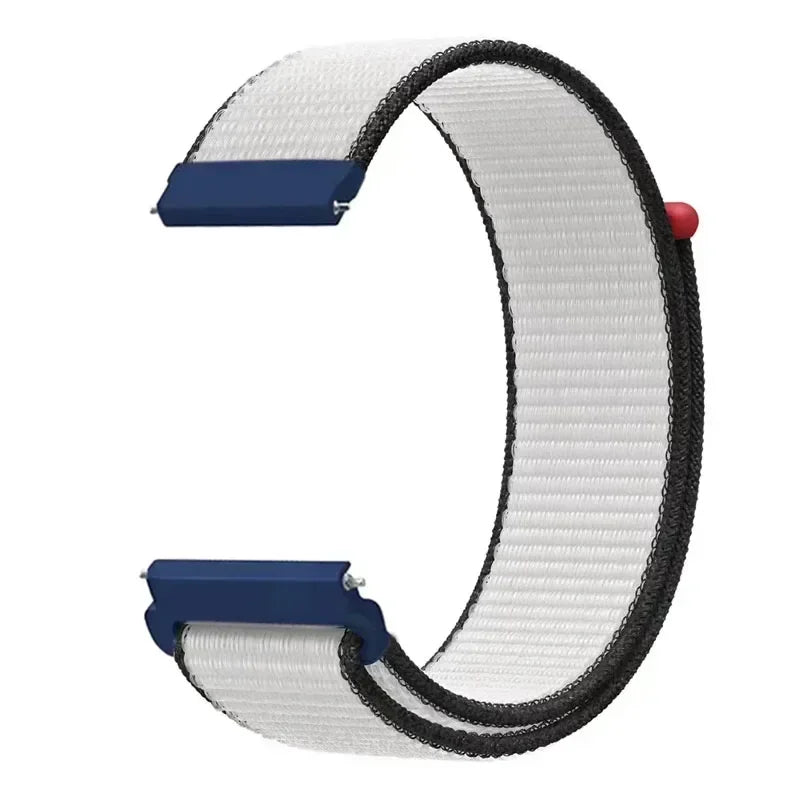 A white and black nylon loop watch strap with blue accents shown in a curved shape.