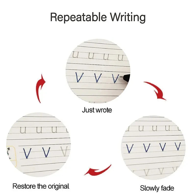 Demostración de escritura repetitiva usando un set de cuaderno mágico que muestra escritura, restauración y desvanecimiento.