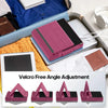 A pink foldable tablet pillow stand with velcro-free angle adjustment shown in multiple viewing angles.