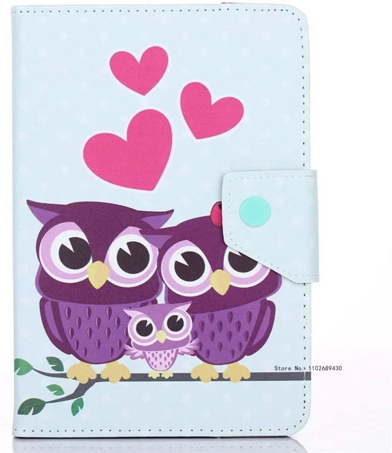 A light blue folio tablet case featuring a design of three purple owls and pink hearts.