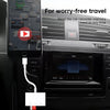 A mobile phone screen shows a video overlay for worry-free travel, next to a car stereo with a card reader adapter.