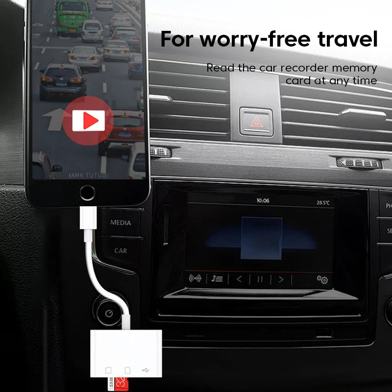 A mobile phone screen shows a video overlay for worry-free travel, next to a car stereo with a card reader adapter.