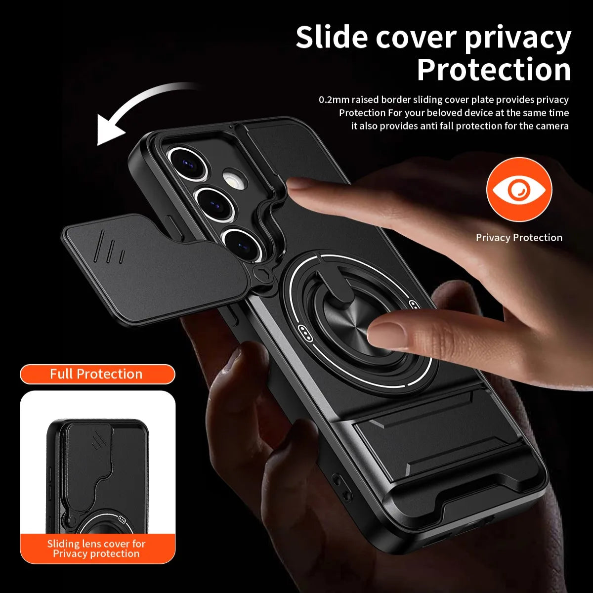 A hand demonstrates a slide cover privacy protection for a smartphone camera lens.