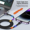 A black charging cable connects a power bank to an iPhone, illustrating faster data sync and charging.