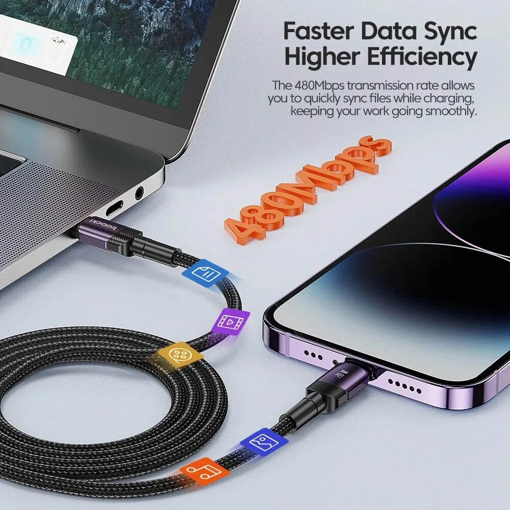 A black charging cable connects a power bank to an iPhone, illustrating faster data sync and charging.