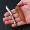A compact fixed blade knife with a silver blade and brass tang is shown next to its brown leather sheath in a hand.