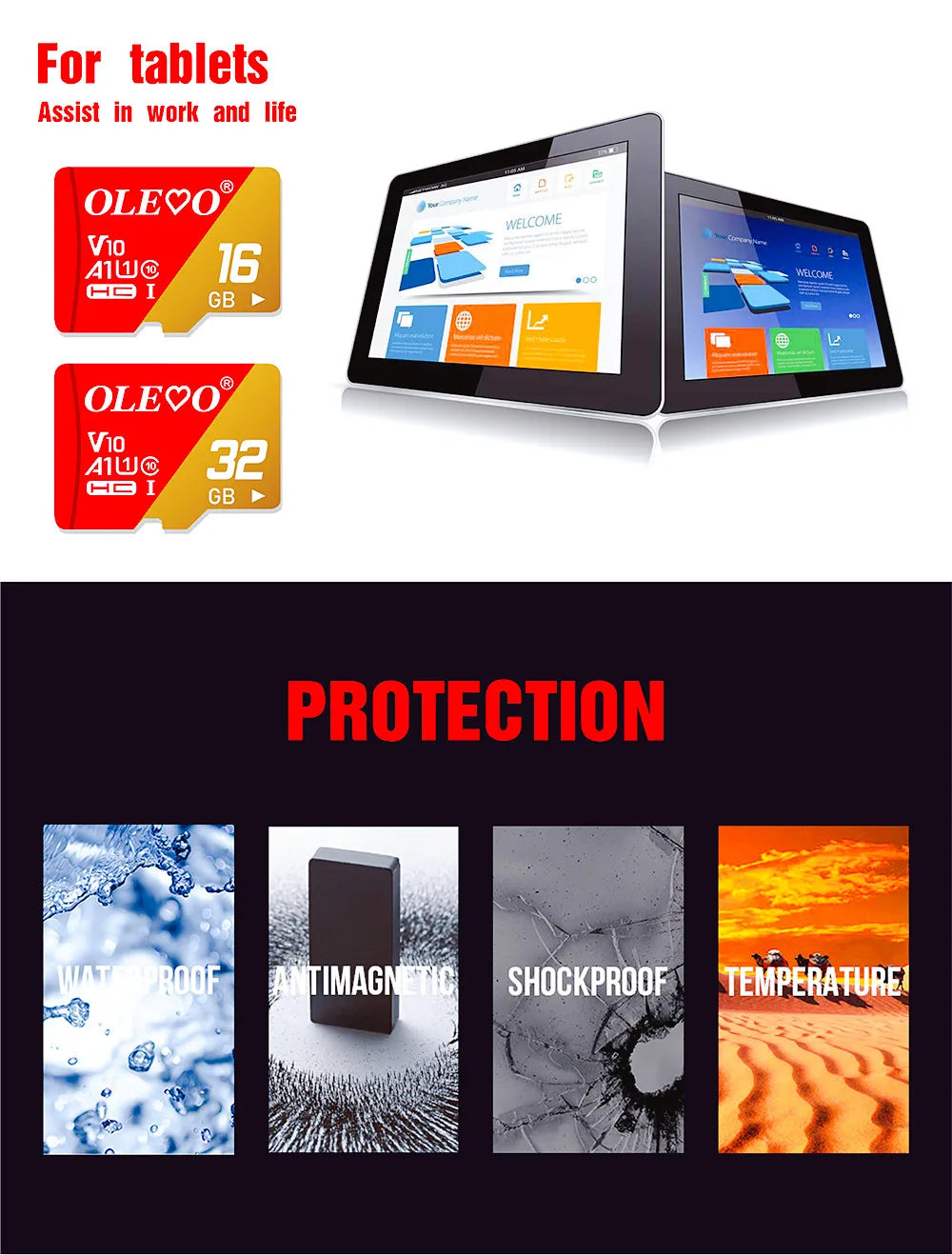A display showing options for tablets, including OLEO V10 memory cards with 16GB and 32GB capacity, along with protection fea
