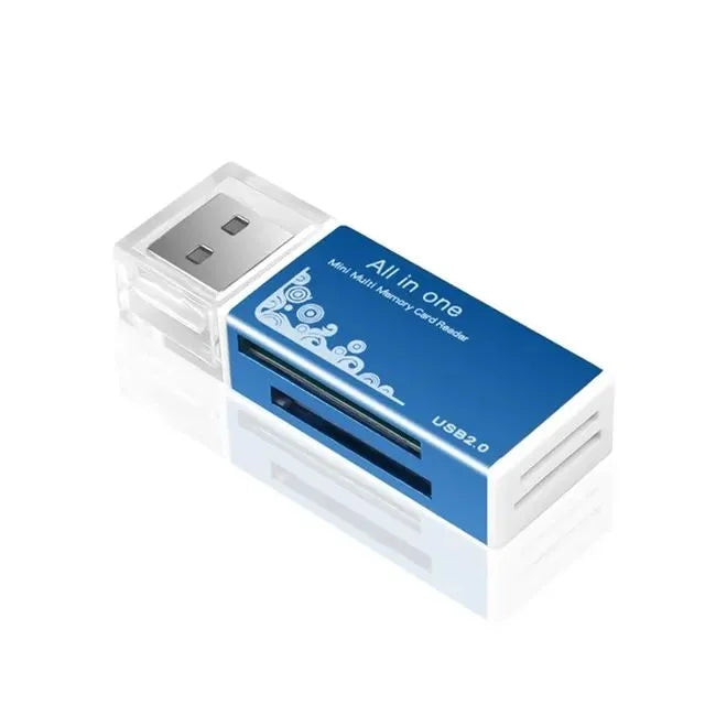 A blue and white Mini Multi Memory Card Reader with a flash drive function