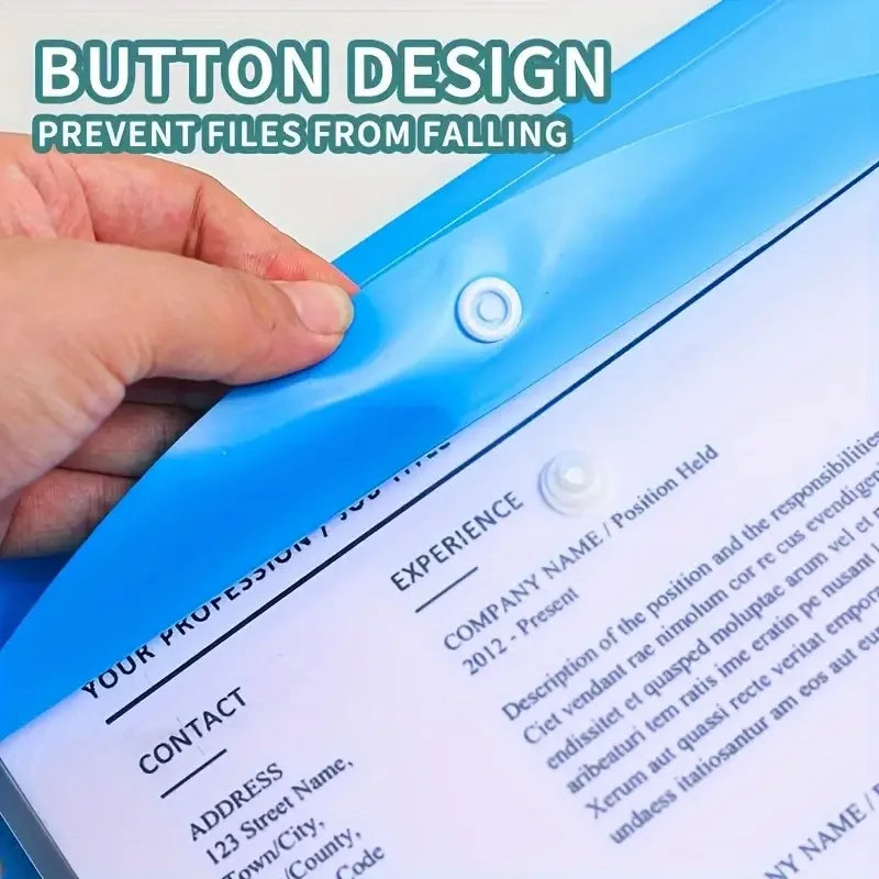 A hand demonstrates the secure push-button design of a blue A4 file folder to prevent files from falling.