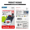 Produktverpackung einer SanDisk microSDXC UHS-I Speicherkarte mit Originaladapter und Dokumentation