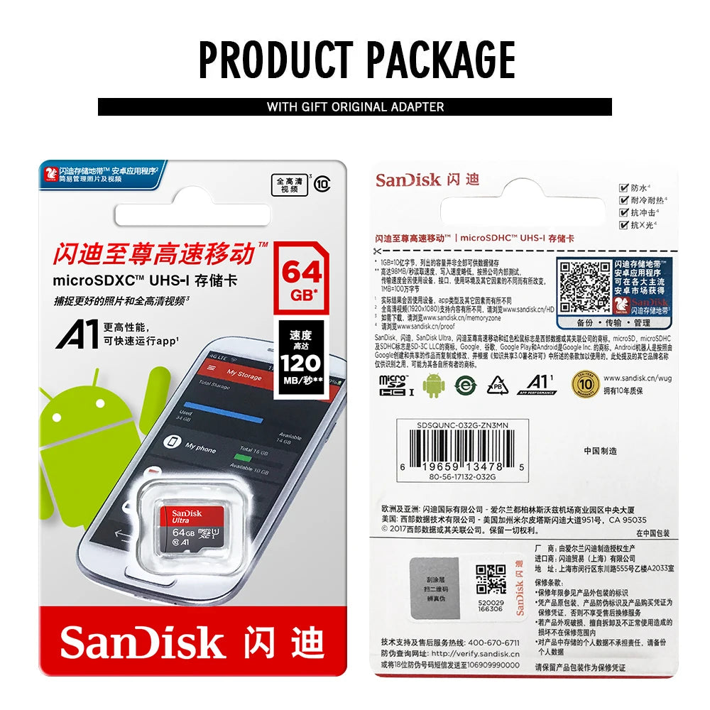 Produktverpackung einer SanDisk microSDXC UHS-I Speicherkarte mit Originaladapter und Dokumentation