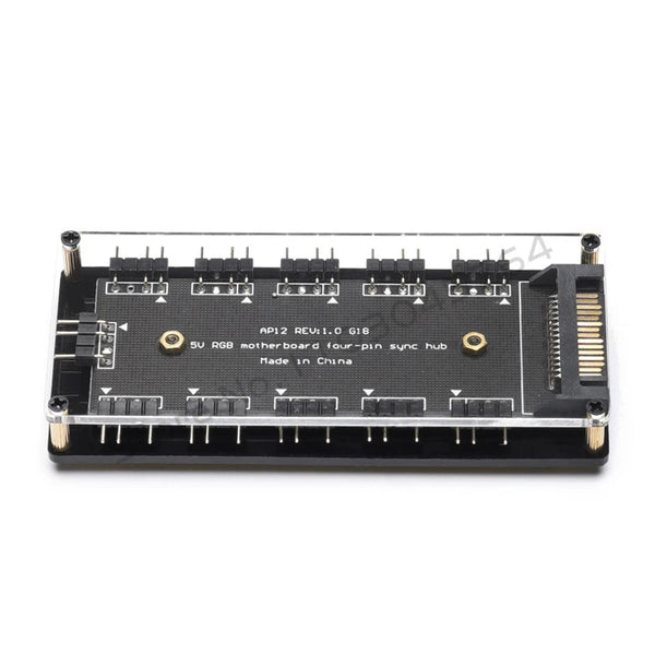 A black circuit board with various pins and connectors for controlling RGB lighting on PC fans and LEDs.
