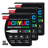 A set of twelve white acrylic brush markers with various tips and colors for DIY art projects.
