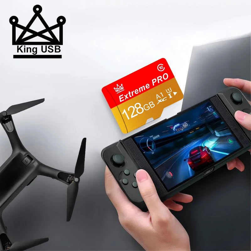 كاميرا رقمية سوداء بجانب بطاقة ذاكرة حمراء تحمل اسم Extreme PRO 128GB