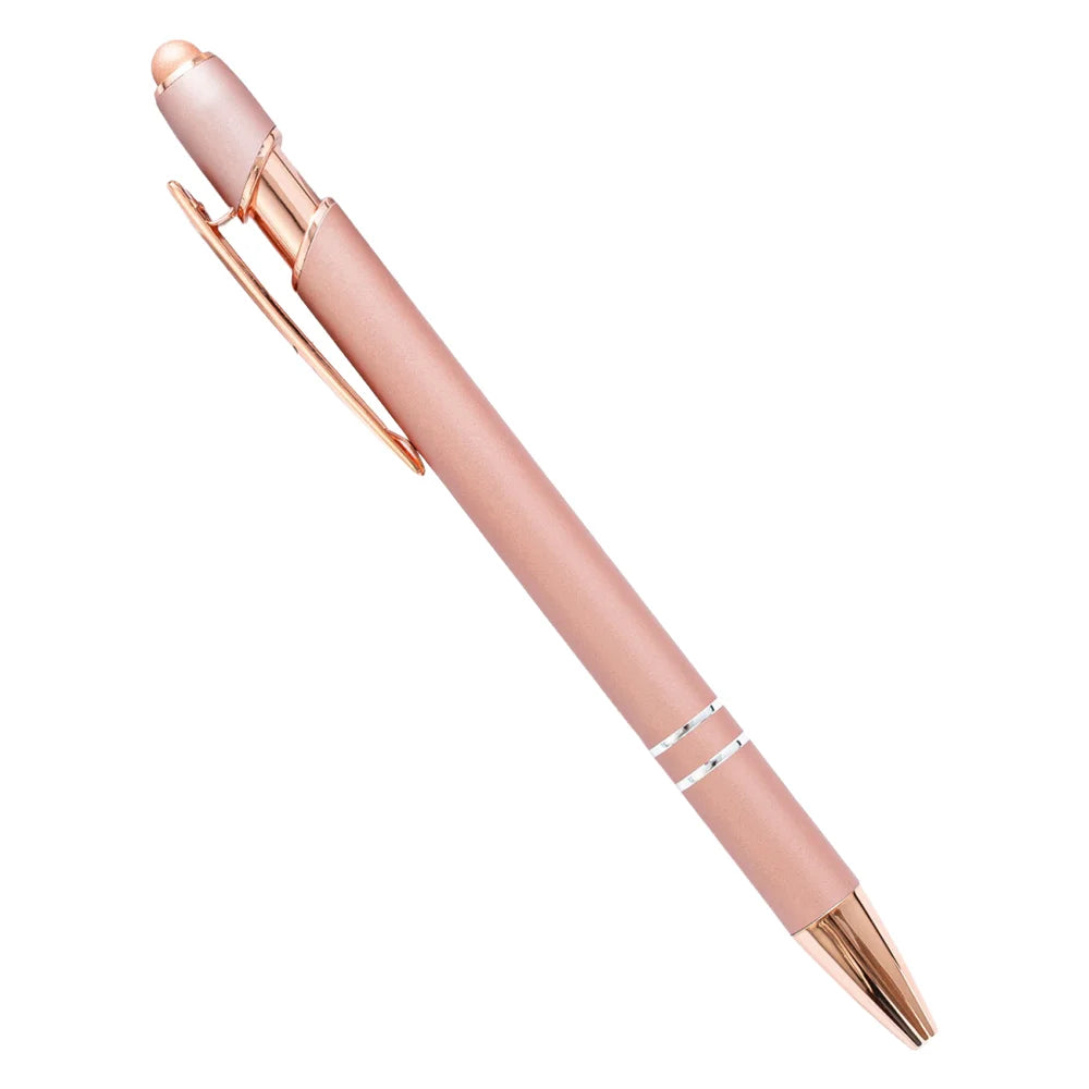 A rose gold retractable stylus and ballpoint pen shown diagonally against a white background.