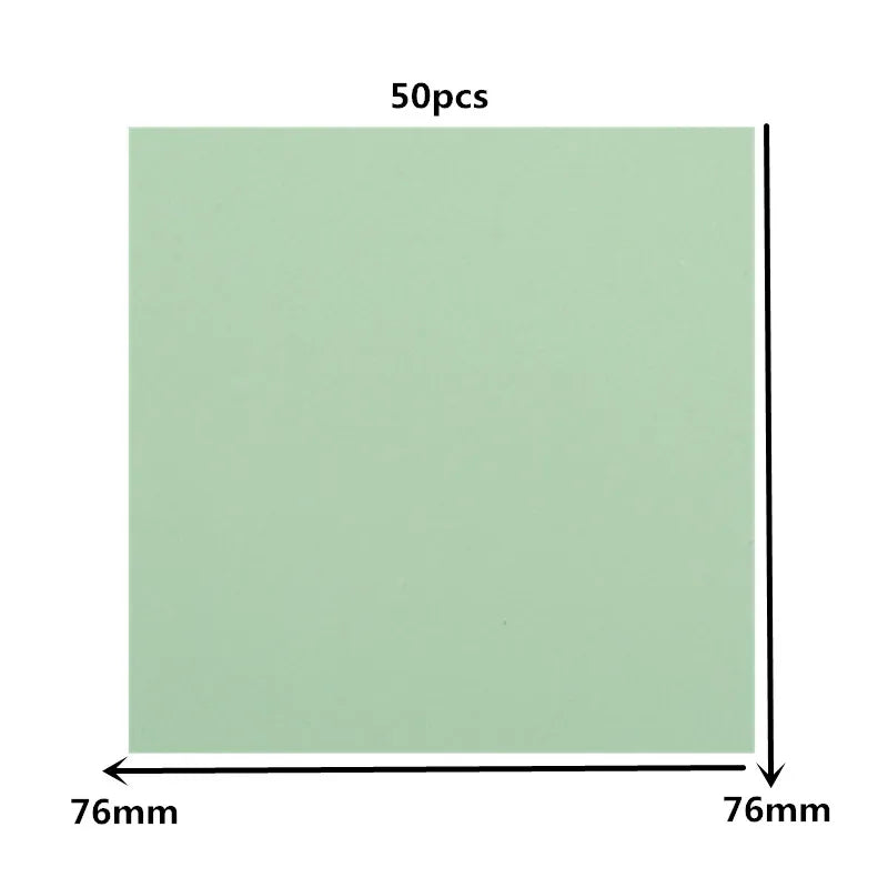 A square sheet of light green transparent sticky notes memo pads, measuring 76mm by 76mm.