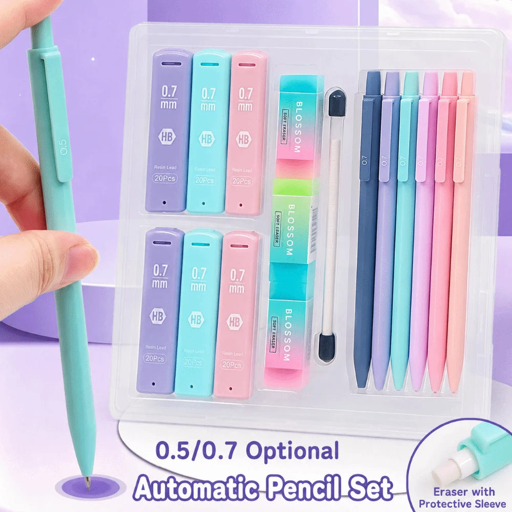 A clear plastic case holds a set of 0.5 and 0.7 mechanical pencils with various colors and an eraser.