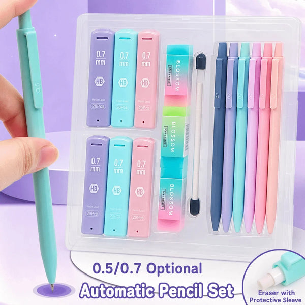 A clear plastic case holds a set of 0.5 and 0.7 mechanical pencils with various colors and an eraser.