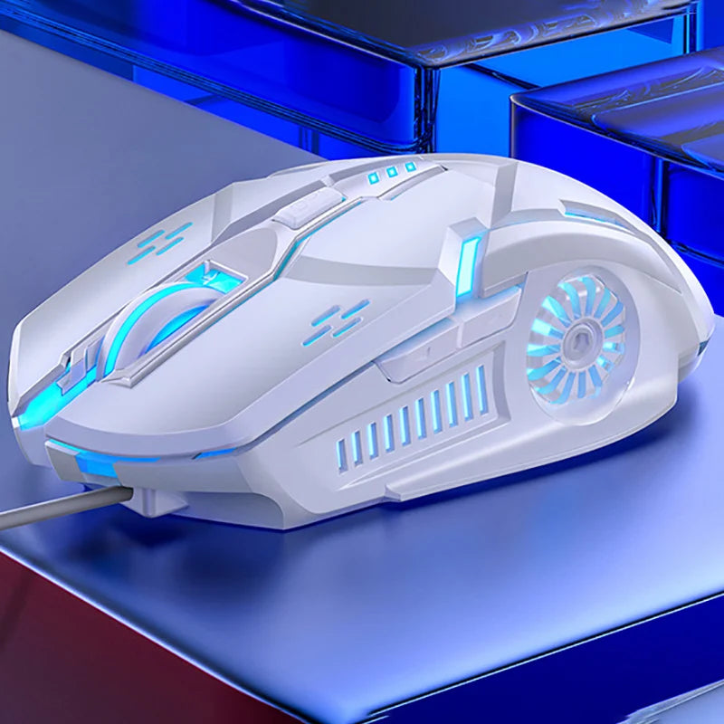 A white wired gaming mouse with blue RGB lighting is shown on a blue surface.