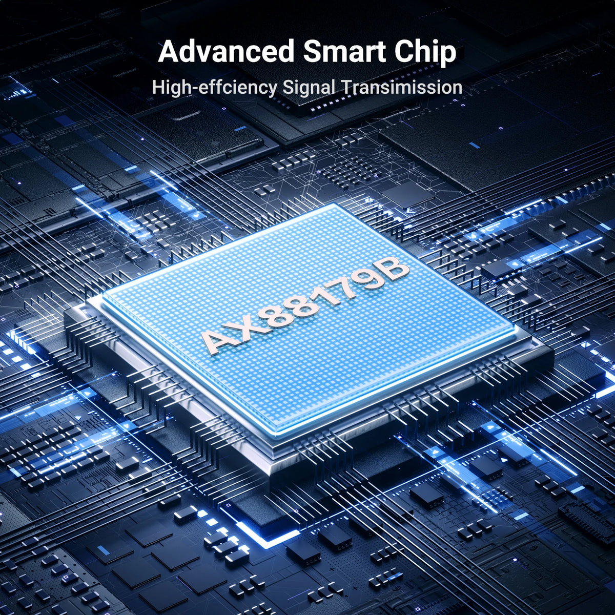A close-up view of an AX88179B advanced smart chip mounted on a printed circuit board.