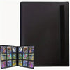 A black card binder album with a textured spine is shown open to display colorful photos.