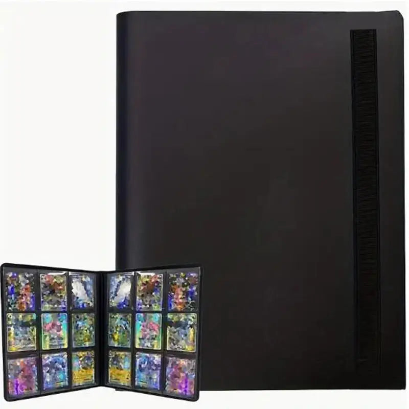 A black card binder album with a textured spine is shown open to display colorful photos.