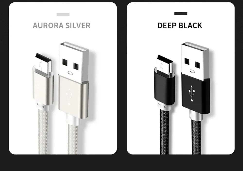 Two braided mini USB to USB charging cables, one silver and one black.