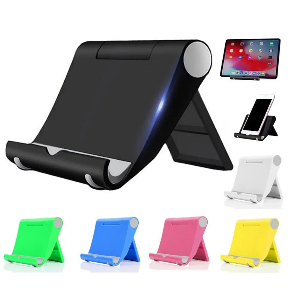 A flexible multi-angle tablet and phone desk stand shown in various colors and angles.