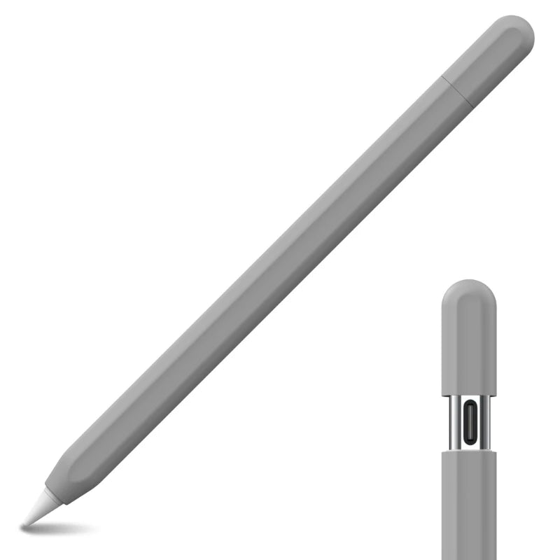 A gray silicone protective case for a pencil, shown in a diagonal view.