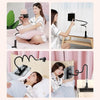 A woman is shown using a gooseneck tablet holder with a flexible arm to view content while lying down in a hospital bed.