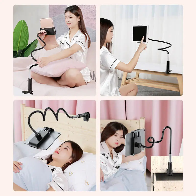 A woman is shown using a gooseneck tablet holder with a flexible arm to view content while lying down in a hospital bed.