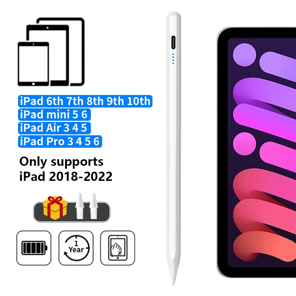 A white precision stylus pen with an LED indicator shown next to various iPad models.